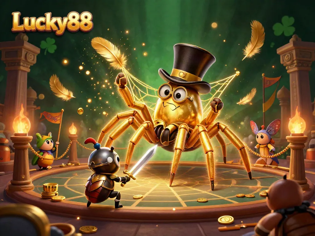 Experience Lucky88 with a giant golden tarantula and beetle knight in a vibrant casino scene filled with dynamic gambling elements.