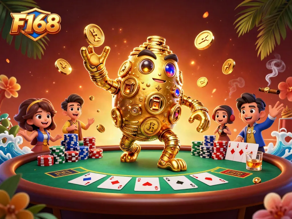 Win big with F168 at an exciting poker table surrounded by dazzling gaming elements.