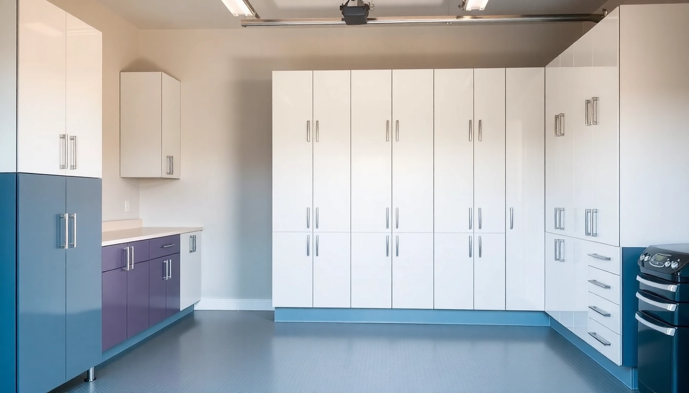 Garage cabinets neatly arranged in a spacious and well-organized garage space.