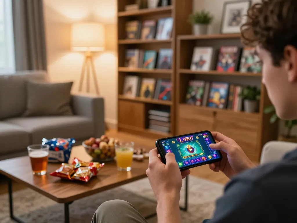 Player enjoying the LV88 mobile casino app on a smartphone, centered in a cozy gaming environment with snacks and warm lighting