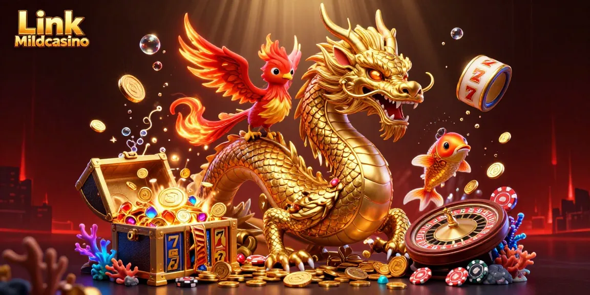 Engage with Link Mildcasino's vibrant casino scene featuring a golden dragon and lively gaming elements.