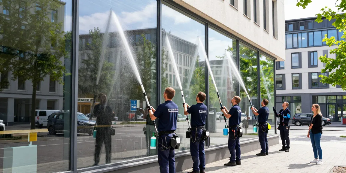 Fensterreinigung Firma Dortmund zeigt professionelles Team bei der Arbeit an großen Glasfenstern in Dortmund, umweltfreundliche Reinigungsmittel eingesetzt.