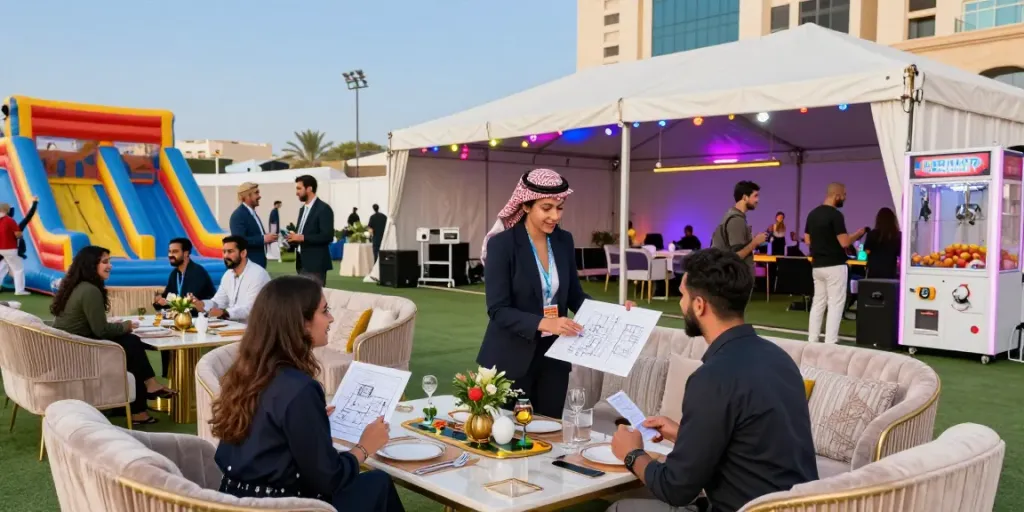 Event rentals setup in Saudi Arabia with elegant décor and lively atmosphere.
