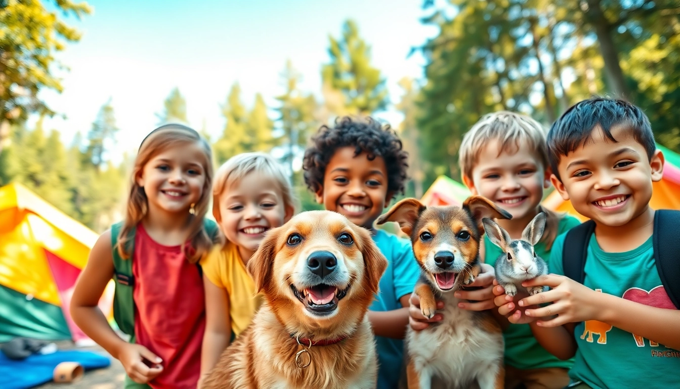 Kids enjoying their time at animal summer camps for kids while interacting with various animals.