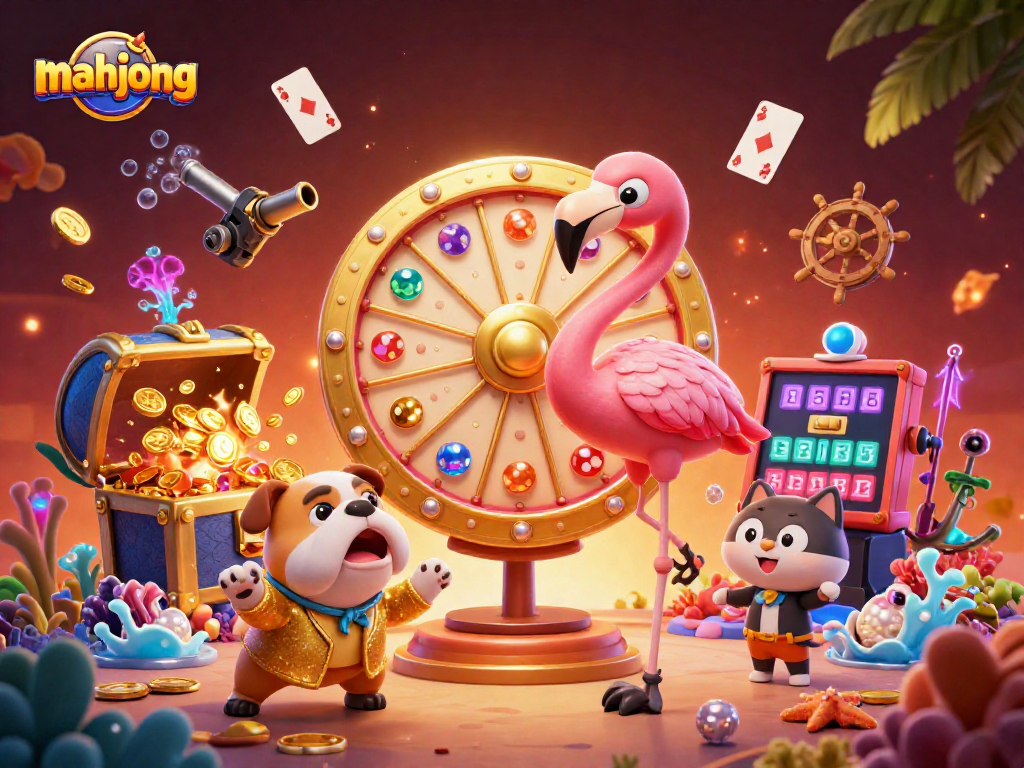 Engage in thrilling mahjong action, colorful characters, and vibrant casino elements in this dynamic scene.
