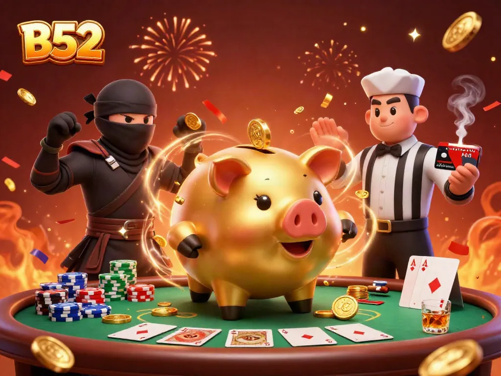 Experience thrilling B52 gameplay with a golden piggy bank sumo wrestler amid vibrant casino elements.