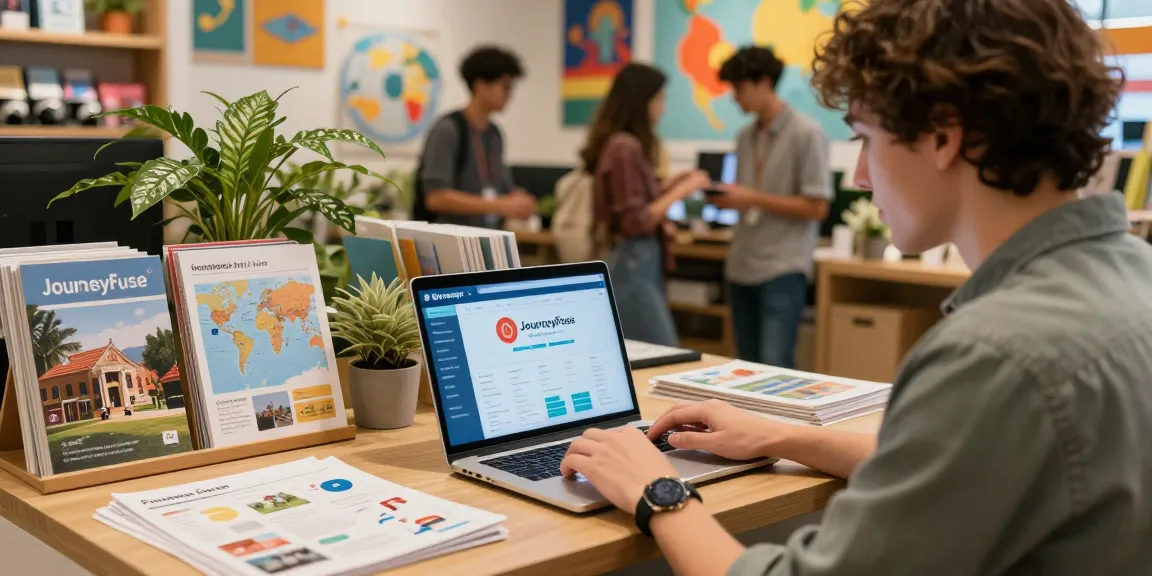 Engaging scene of a travel advisor using JourneyFuse travel advisor CRM in a vibrant workspace.