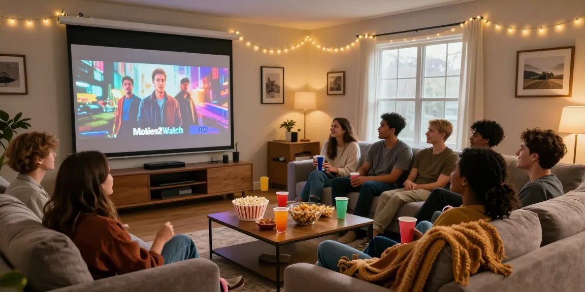 Friends enjoying a cozy movie night on Movies2watch with popcorn and snacks