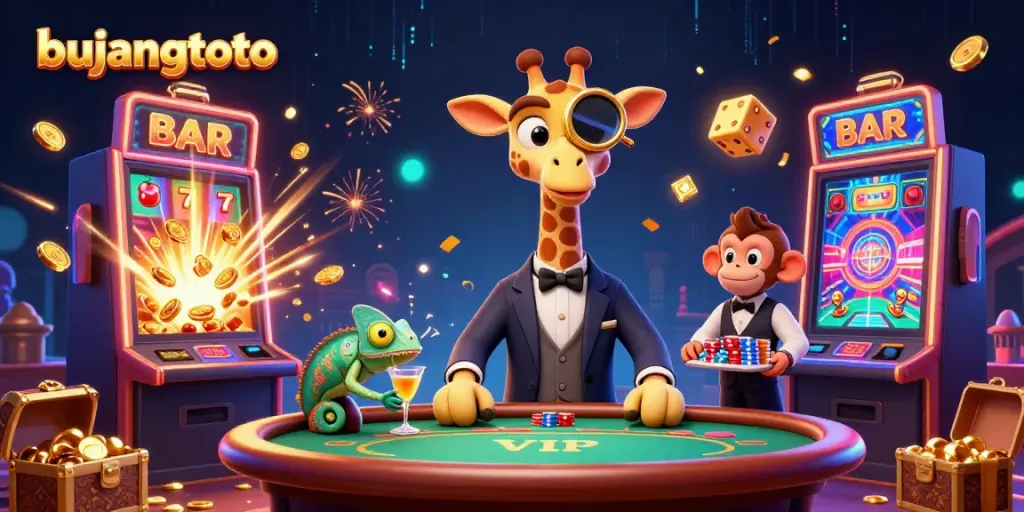 Play exciting slot games at Bujangtoto with a high-roller giraffe and vibrant casino elements.