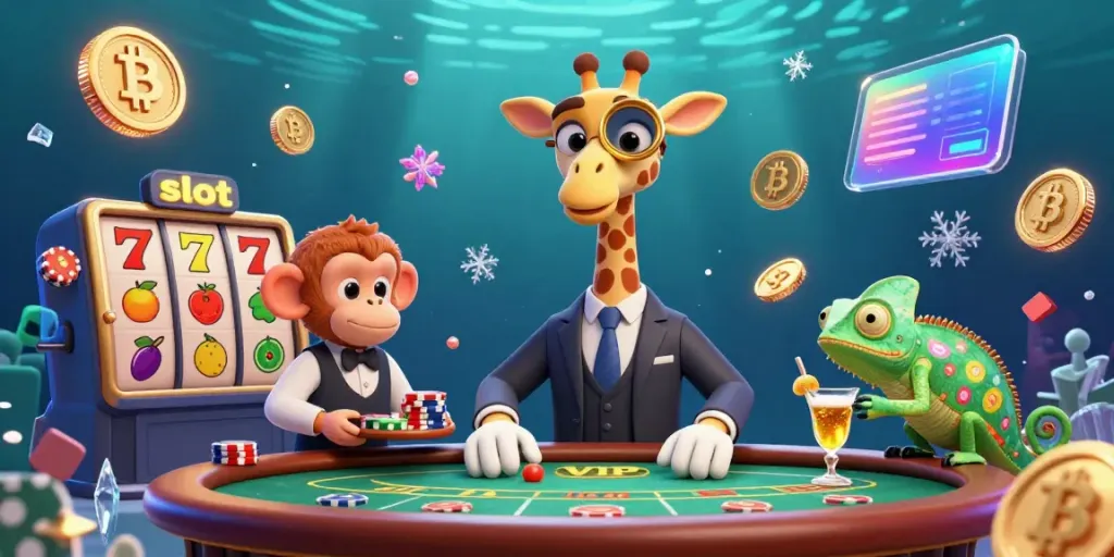 Slot dengan jerapah bertangan tinggi dan valet monyet di kasino, menggambarkan atmosfer perjudian yang cerah.