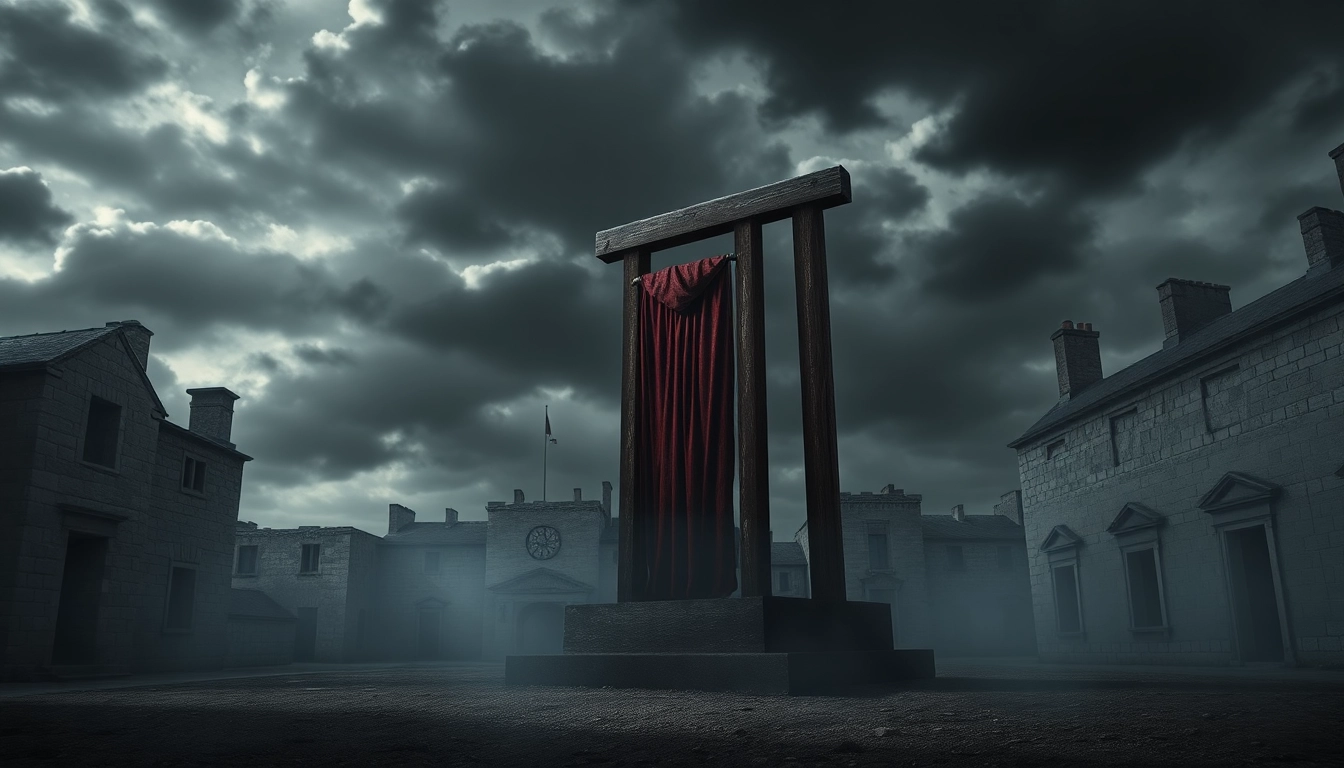 Guillotine origin phrase depicted in a historical scene showing a moody, atmospheric guillotine.