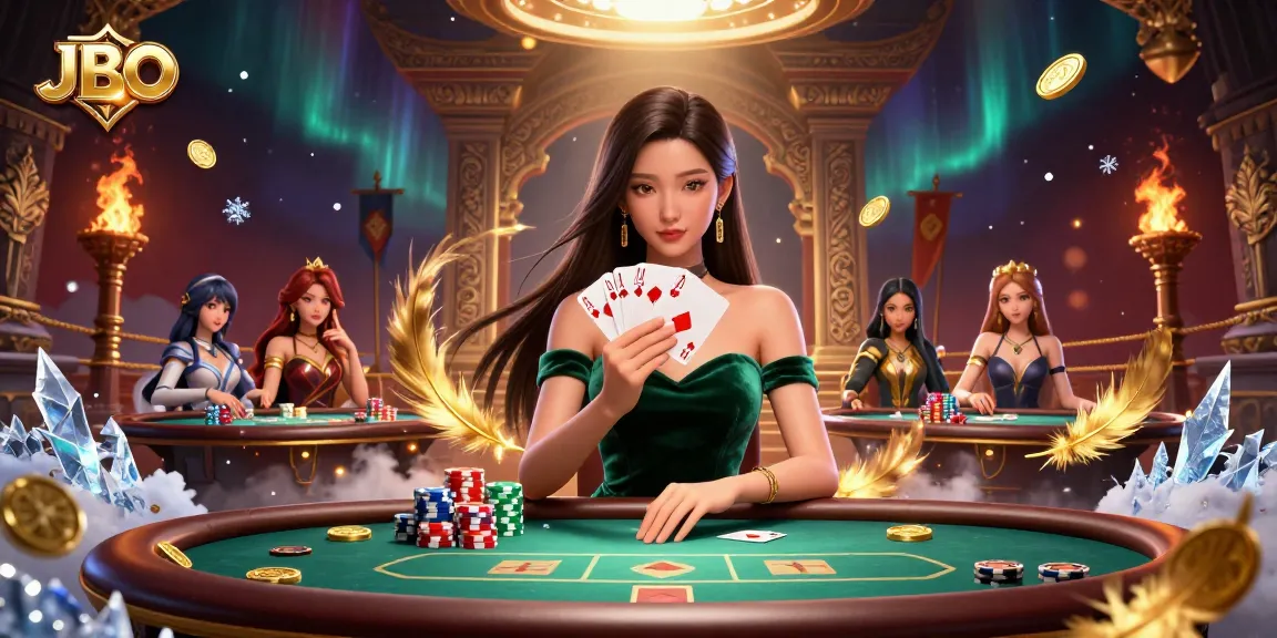 Strategically playing cards at JBO casino with a glamorous Asian poker player.
