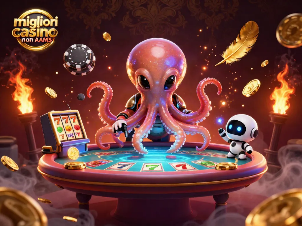 Immagine di gioco d'azzardo che mostra i migliori casino non AAMS con un polpo alieno e un robot in un ambiente dinamico.