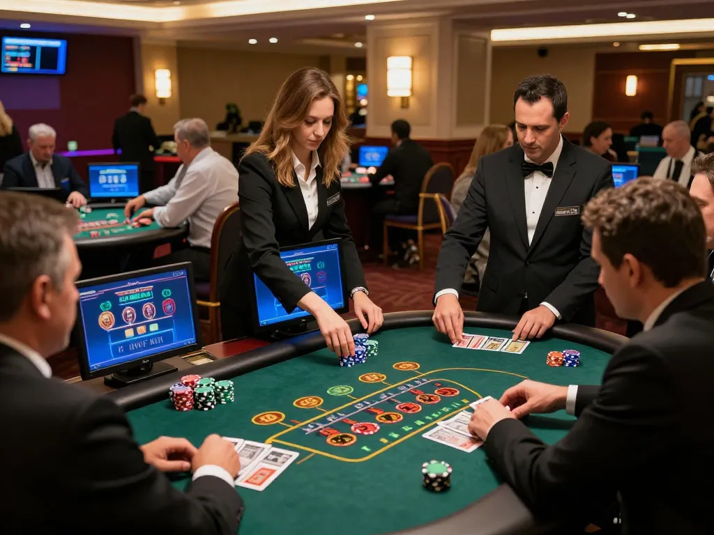 Players engaging with live dealer game at sophisticated casino, highlighting strategic betting at DA88.