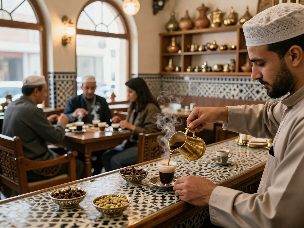 قهوجي وصبابين يصبون القهوة العربية في مقهى تقليدي مع أجواء دافئة