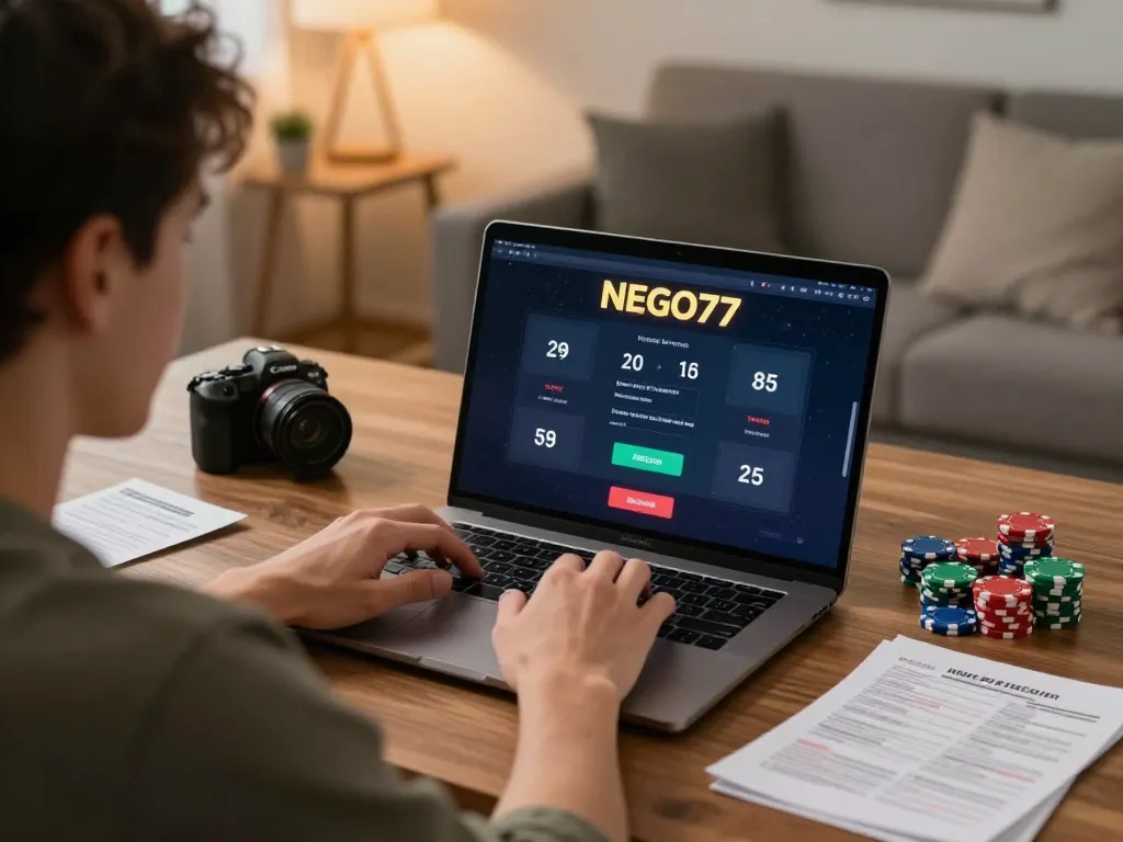 Engaged player at NEGO77 online casino strategizing for winning bets.