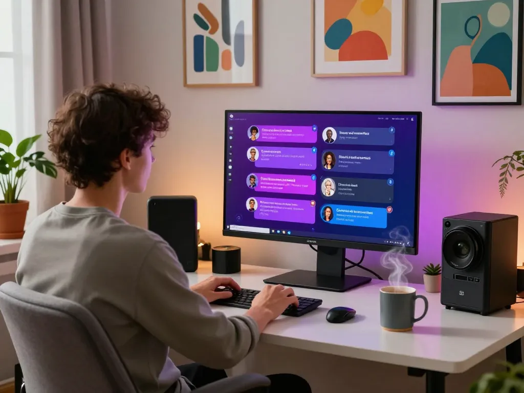 Engaging in sex chat ai conversations with immersive conversational avatars in a cozy home office.