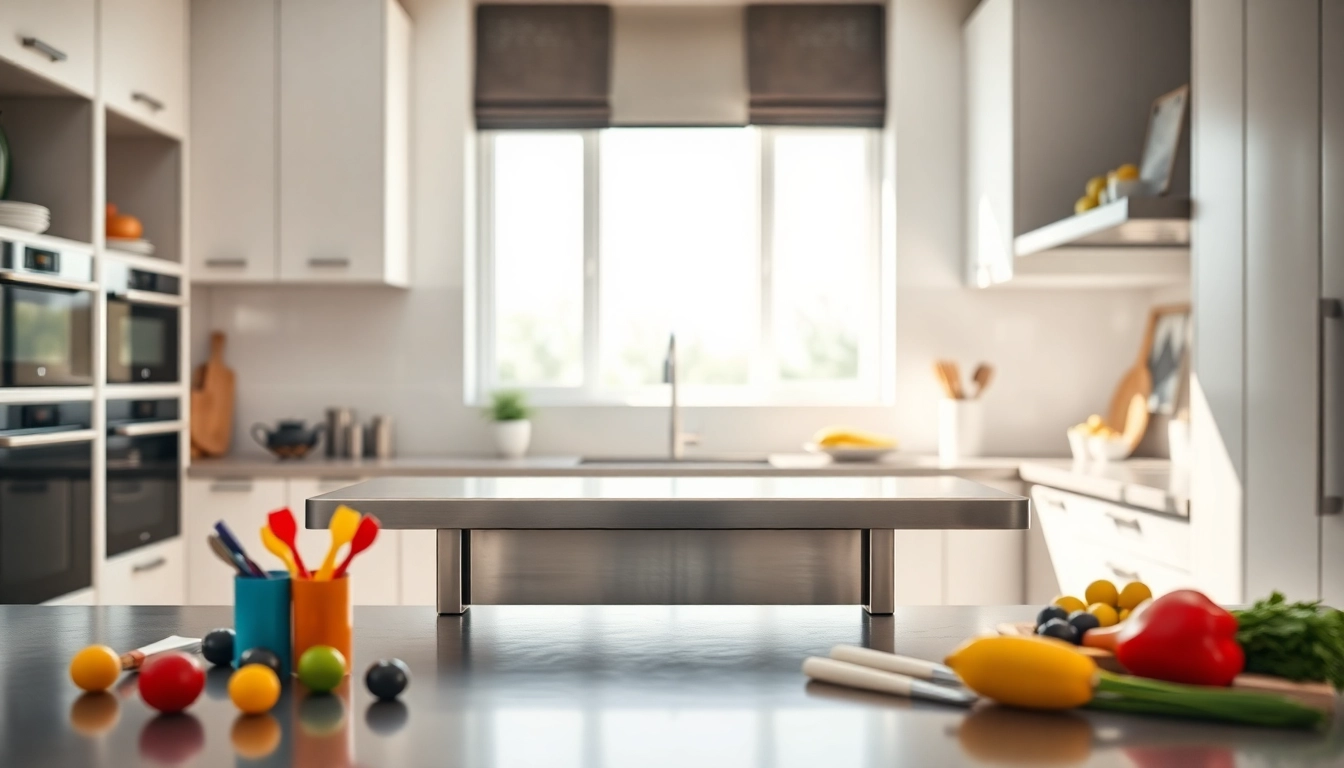 Utilize a stainless steel table for a modern kitchen setup that highlights durability and style.