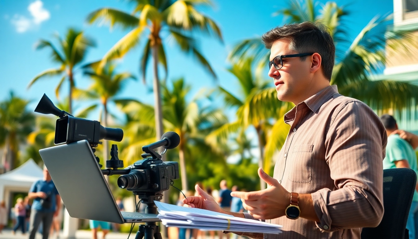 South Florida Reporter engages with community members in vibrant outdoor setting to capture local news.