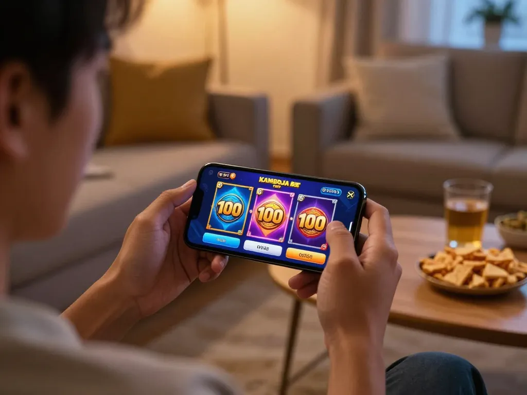 Engaging mobile gaming experience with slot kamboja bet 100 on smartphone in cozy home setting.