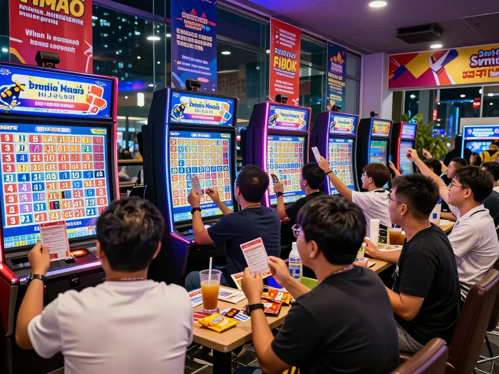 Dynamic Togel Hongkong betting event with enthusiastic players cheering around live draw screens.