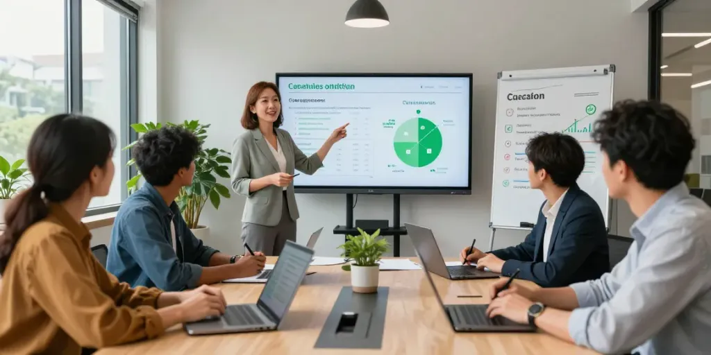 Carbonxgen team collaborating on sustainable energy solutions in a modern office.