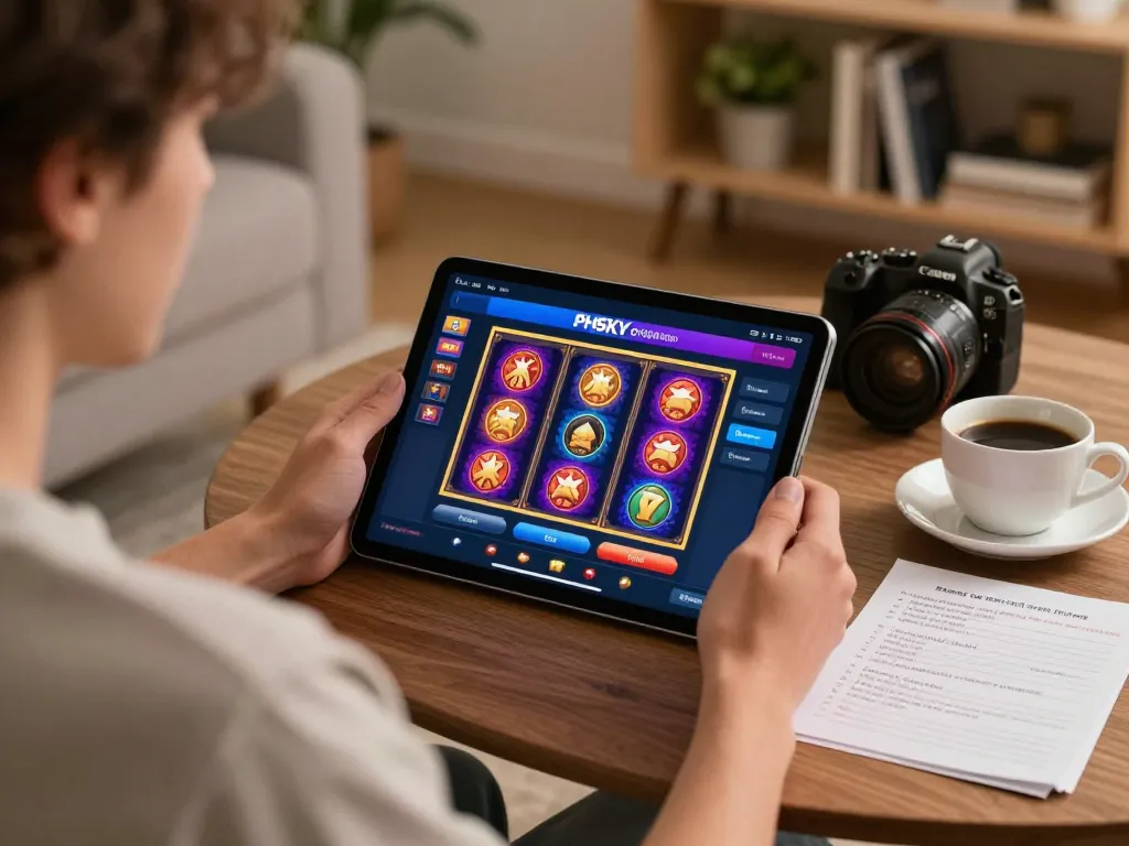 Player enjoying slots on the PHSKY app in a cozy home setting, combining entertainment and strategy