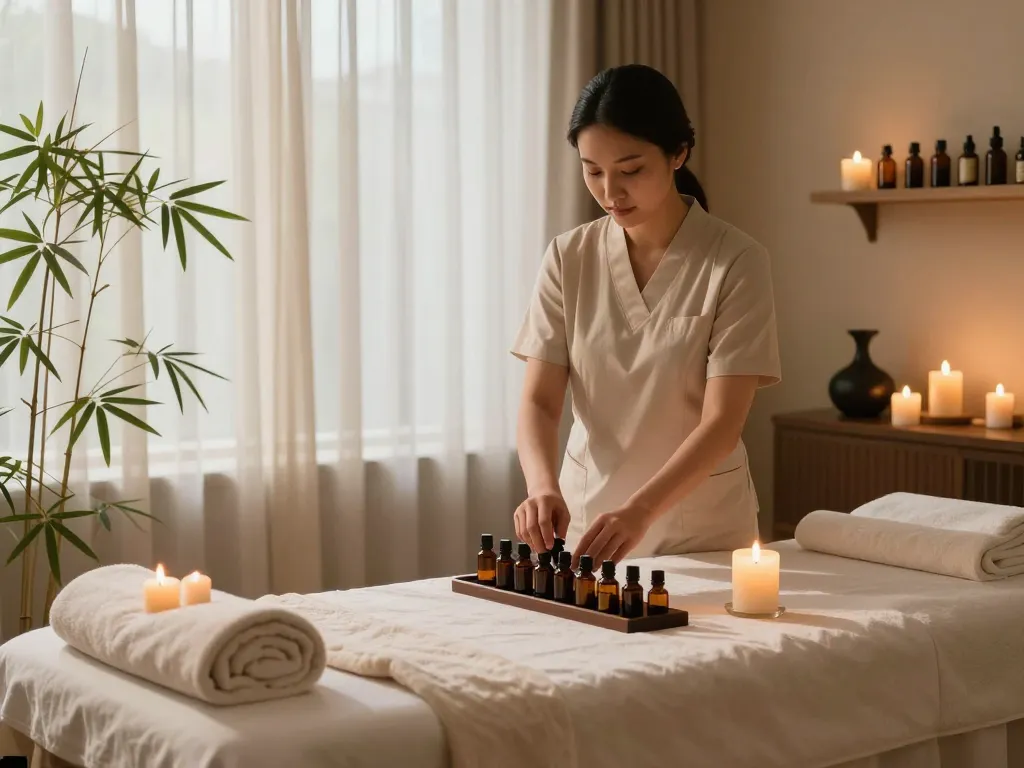 Relaxing 삼산동마사지 therapy setup with candles and essential oils.
