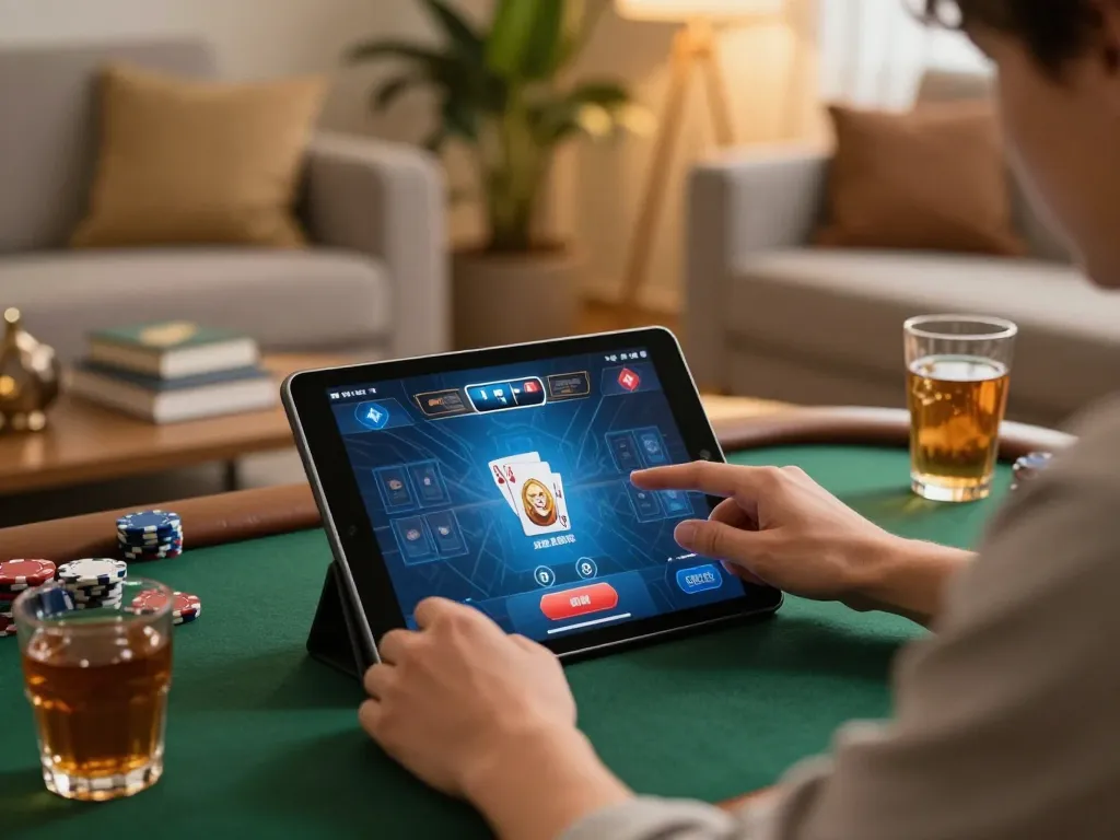 Player enjoying TG88 online poker game on a tablet in a cozy living room.