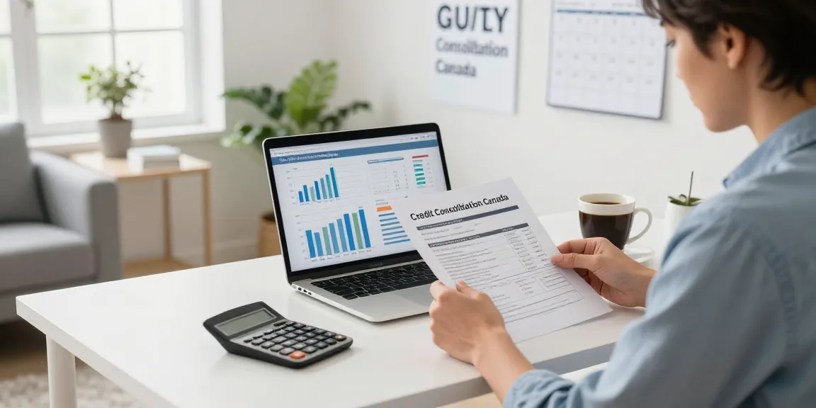 Person managing financial documents for Credit Consolidation Canada in a modern home office setting.