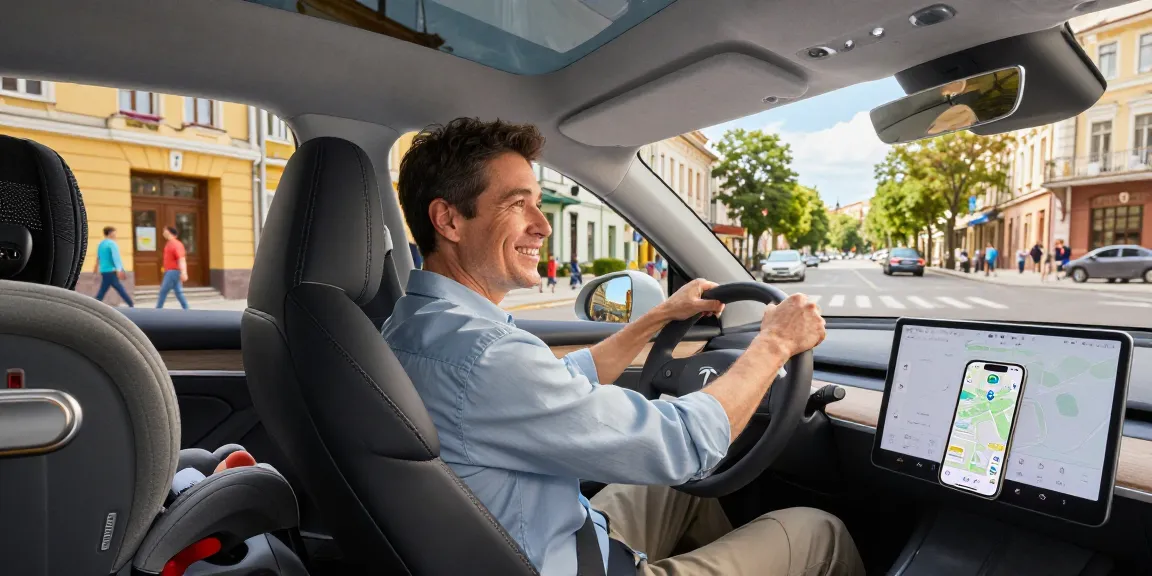 Customer driving a FlexRent rental car in Chișinău showcasing urban scenery, demonstrating convenience and reliability.