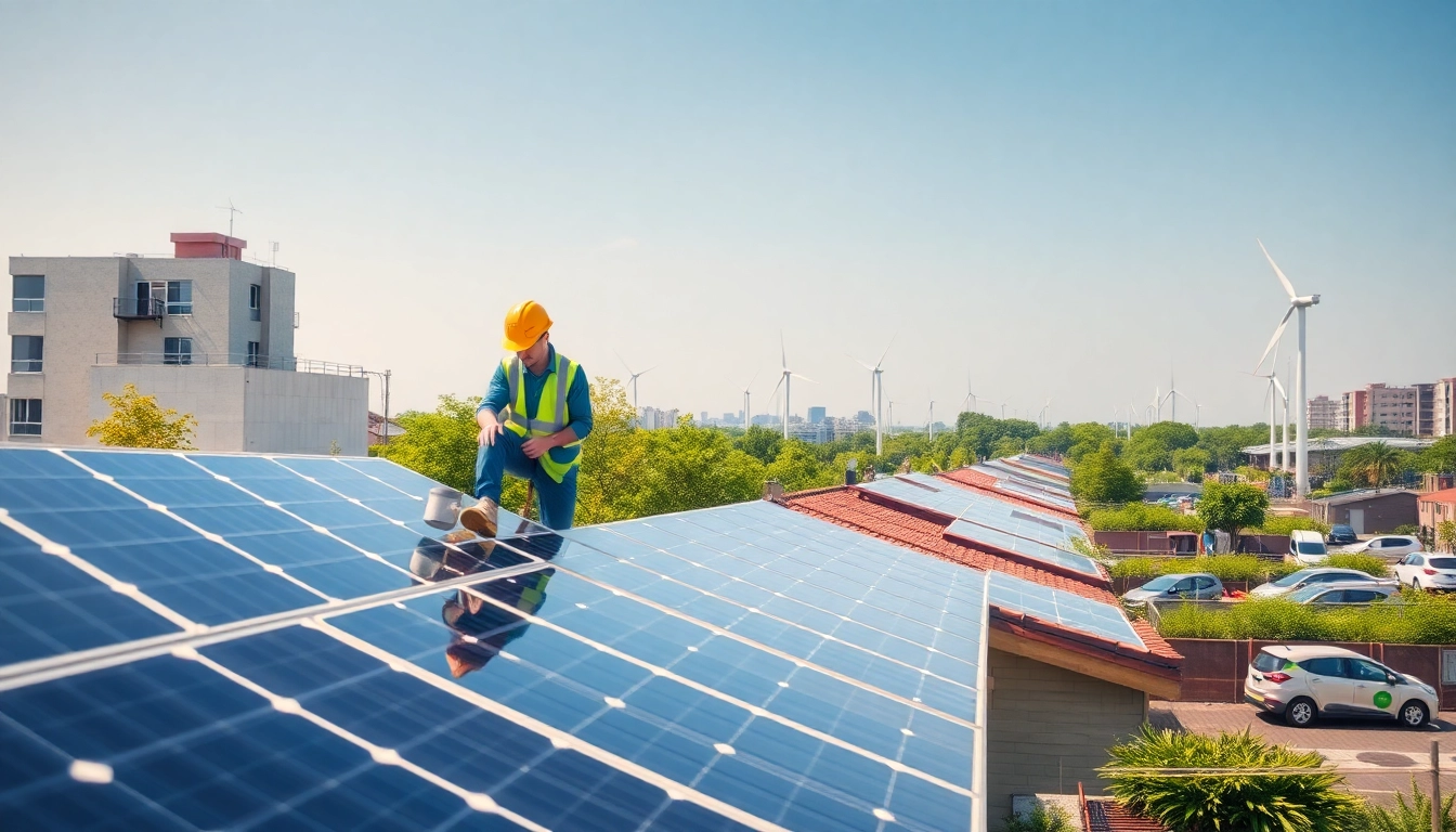 Technicians installing renewable energy solutions on rooftops in a sustainable urban environment.