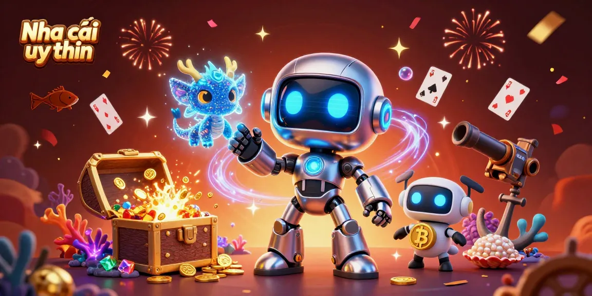 Nha cai uy tin showcases a dynamic 3D scene with a futuristic robot, dragon companion, and bitcoin drone amidst coins and celebrating confetti.