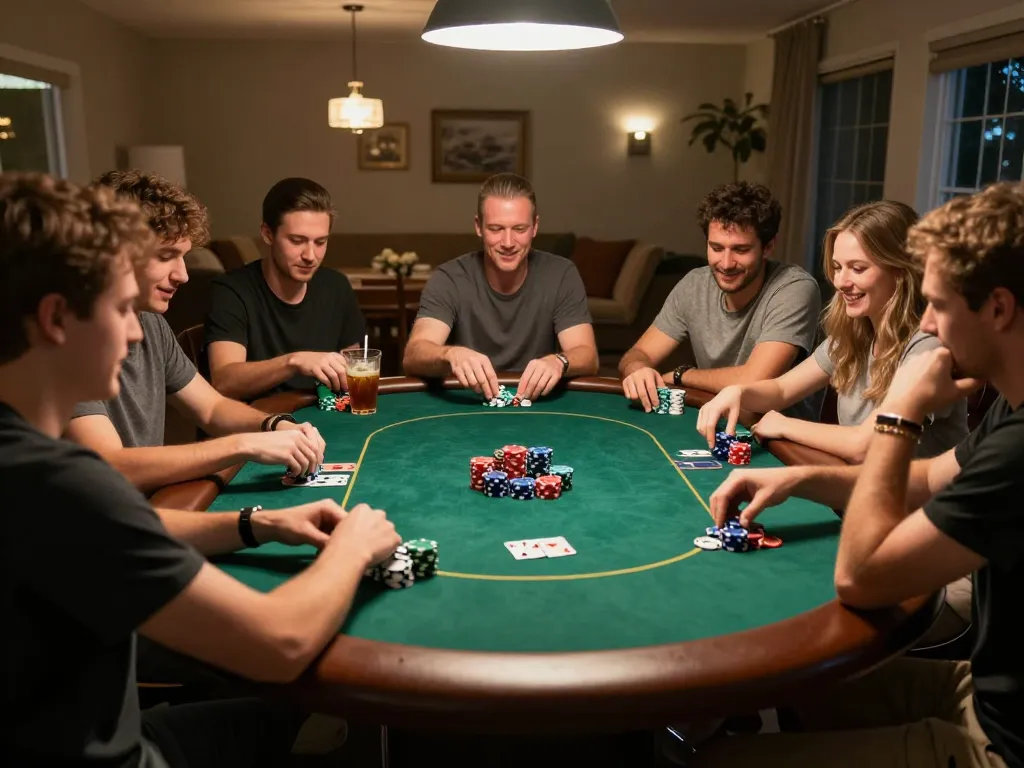 Friends enjoying a thrilling poker game at home with 92slot branding visible.