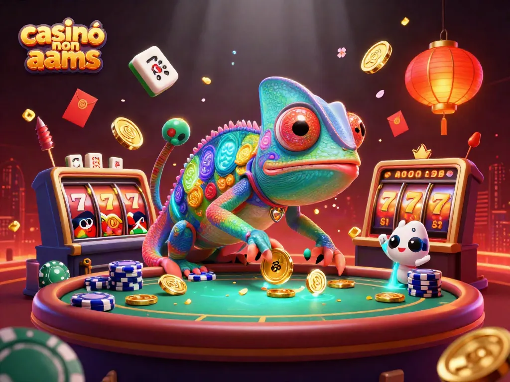 Cattura l'eccitazione nel casinò non AAMS con un camaleonte 3D che osserva i tavoli e raccoglie monete dorate.