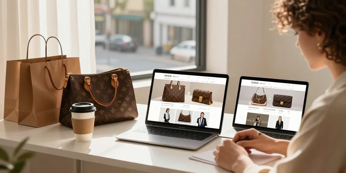 Luxury replica shopping scene showcasing stylish products on display while browsing e-commerce site.