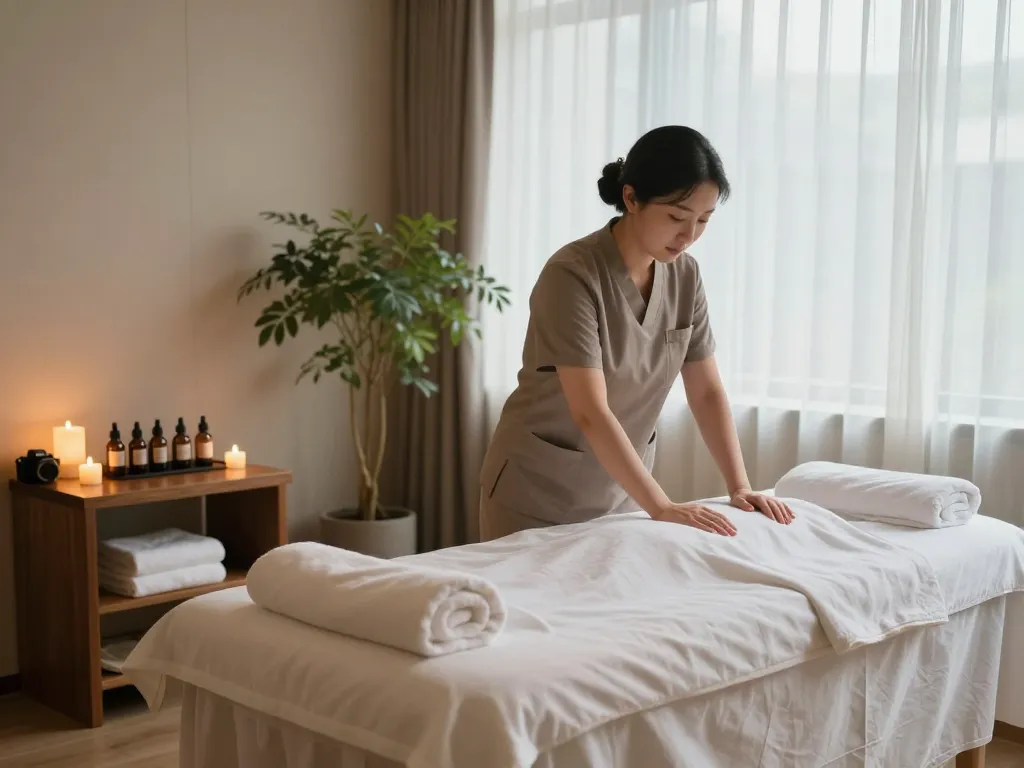 아로마 오일과 고요한 분위기로 강남스웨디시의 ambience를 보여주는 편안한 스웨디시 마사지 치료 세션.