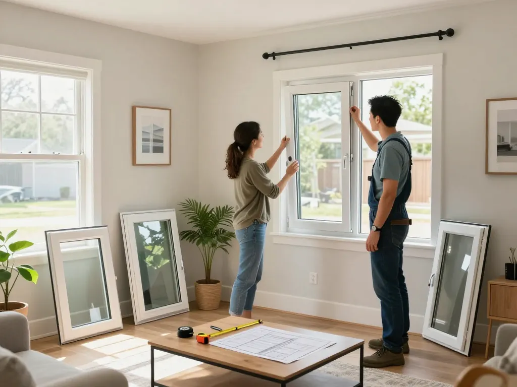 Window replacement consultation in a bright living room with homeowner and contractor.
