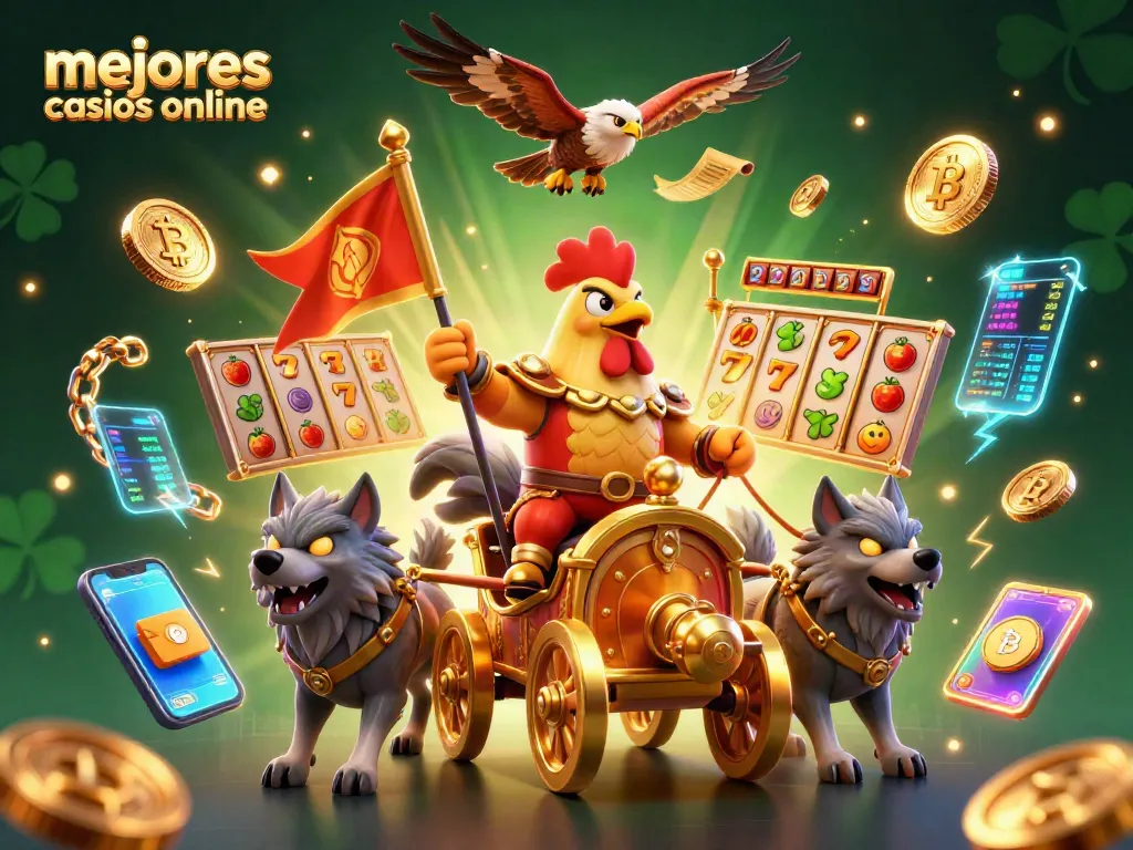 Gana en los mejores casinos online con un guerrero y sus aliados en un carro dorado, listo para la acción.