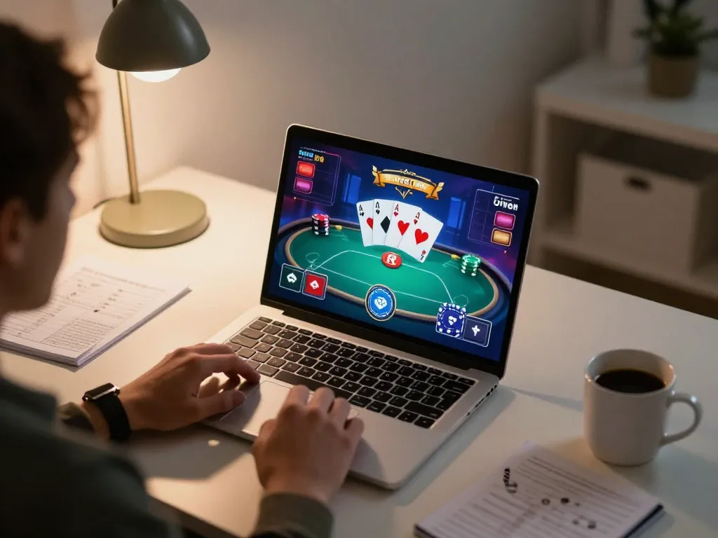 Player engaging with 789win777 poker game on laptop in cozy home setup