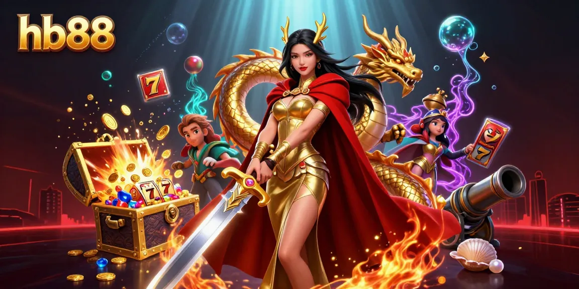 Engage with hb88's thrilling gaming world featuring vibrant slot elements and a regal warrior queen.