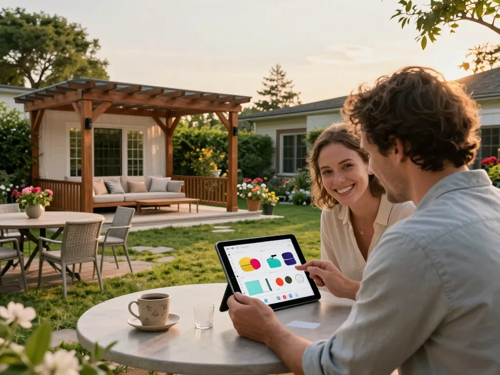Couple utilisant un configurateur pergola avec devis sur tablette dans un jardin serein avec divers designs de pergola.