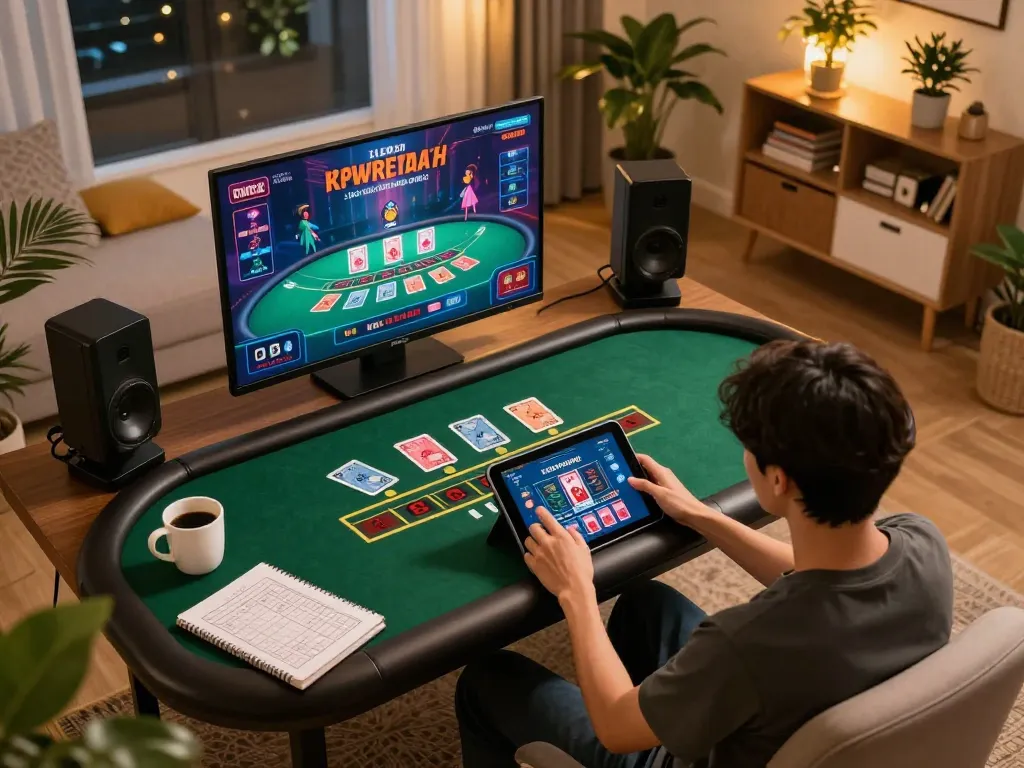 Engaged player enjoying live dealer blackjack on ph22.net.ph from a cozy home setup.