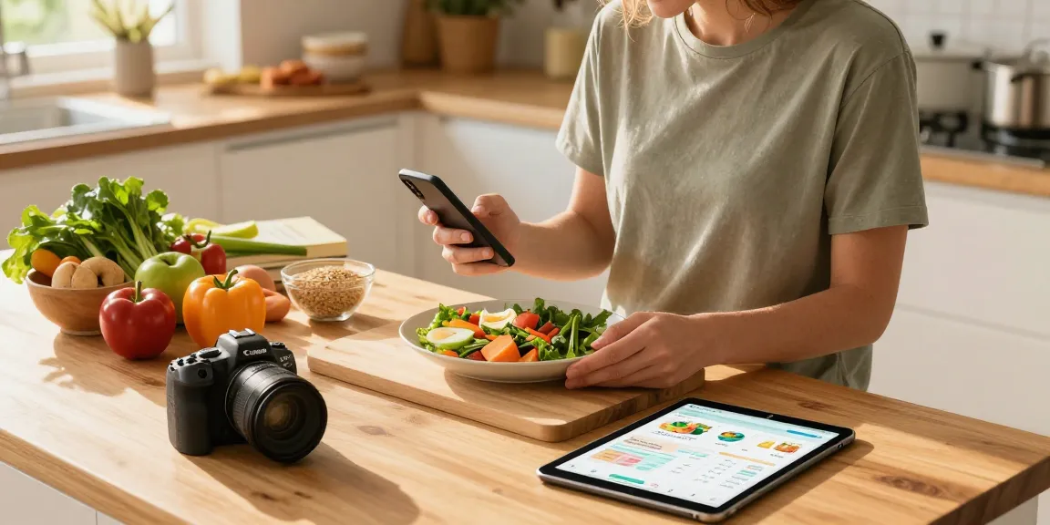 Logging meals with the best food tracker in a warm kitchen environment.