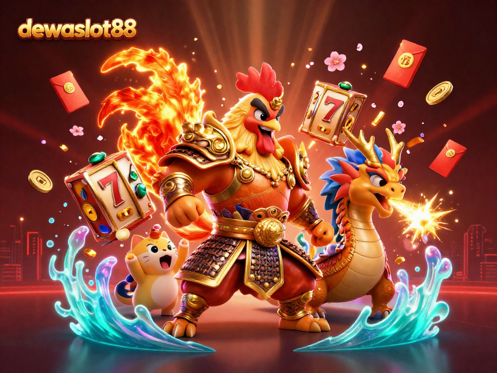 dewaslot88 menampilkan ilustrasi kasino 3D dengan karakter ayam petarung dan naga, elemen slot memperkaya pengalaman bermain.