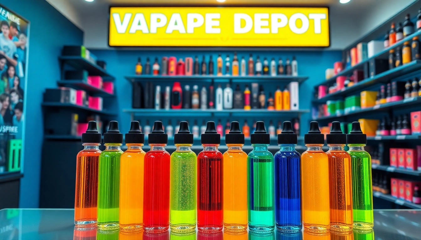 Showcasing a variety of colorful vape juice bottles and products at Vape Juice Depot.
