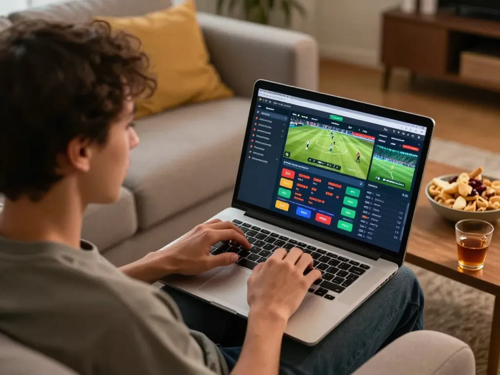 Engaging in online sports betting at home with MB66 game interface displayed on laptop.