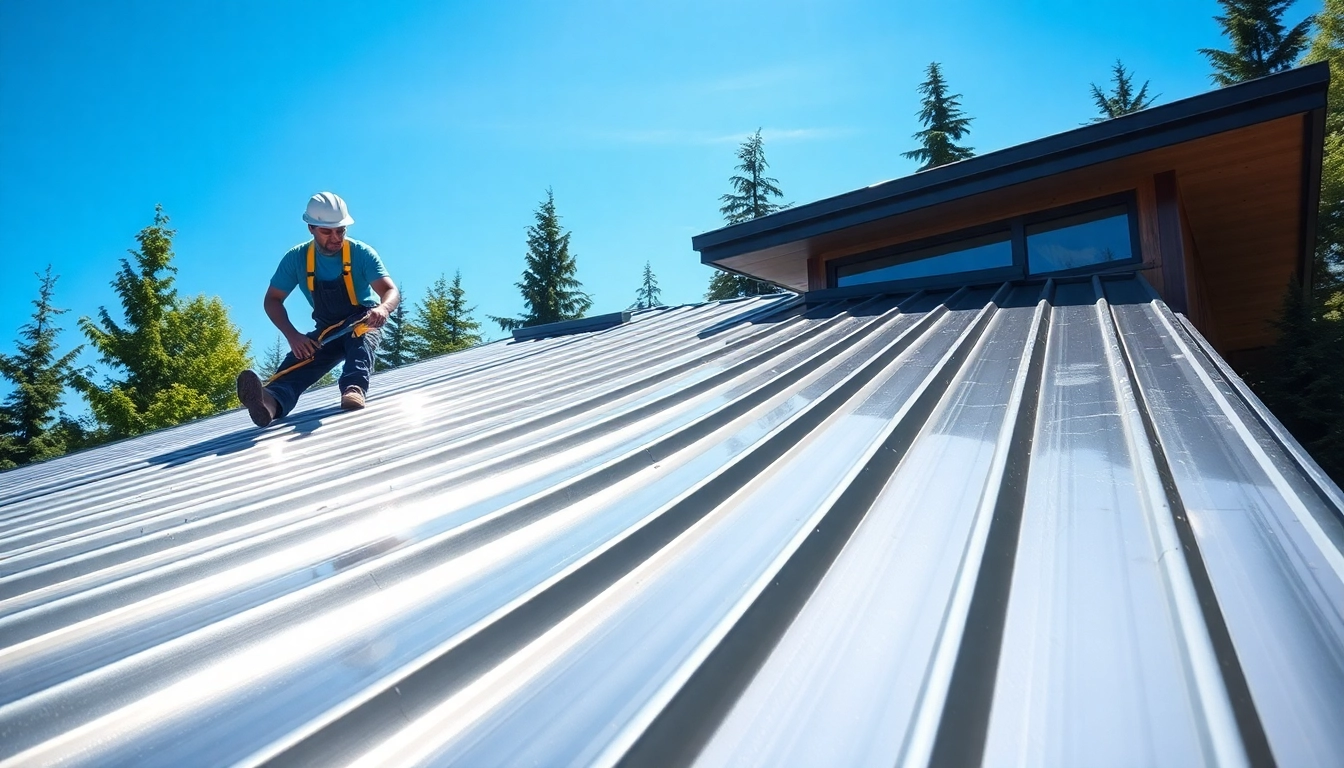 Showcasing metal roofing vancouver installation with a focused roofer against a vibrant atmospheric backdrop.