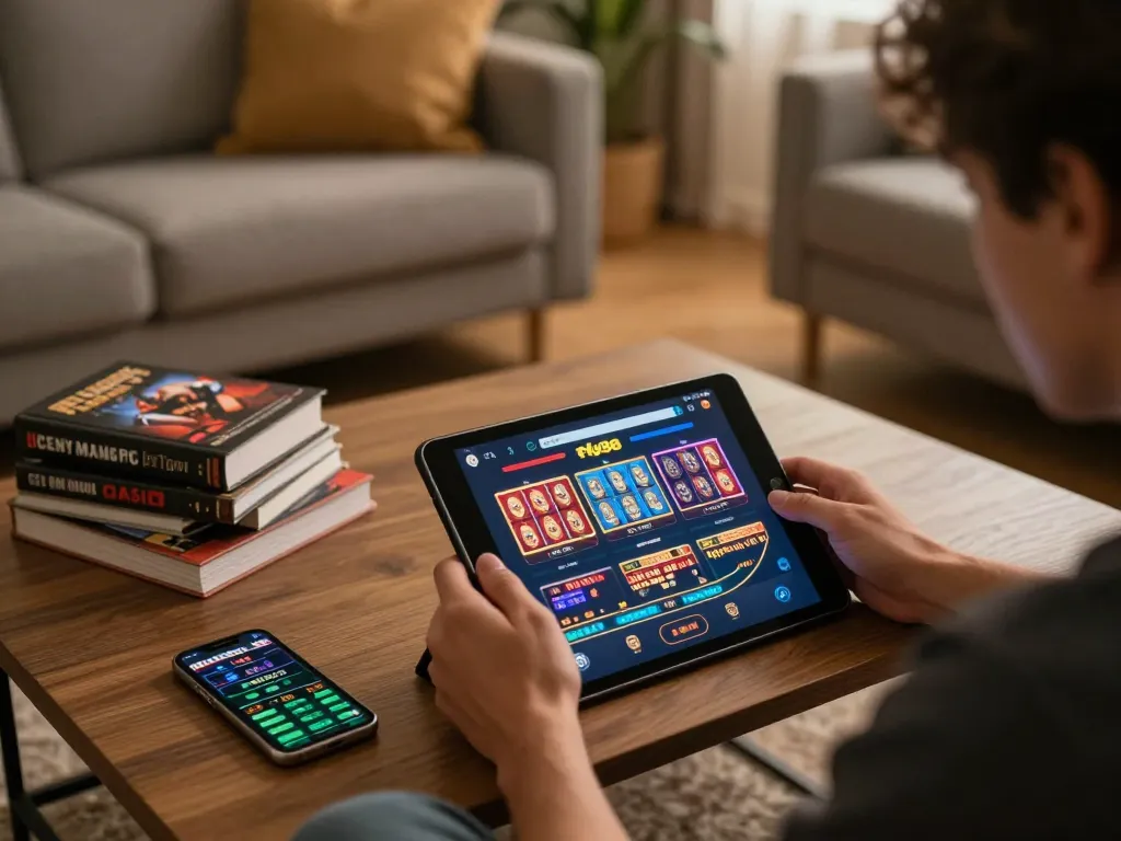 Player enjoying fly88 on tablet for online casino gaming in a cozy home setup