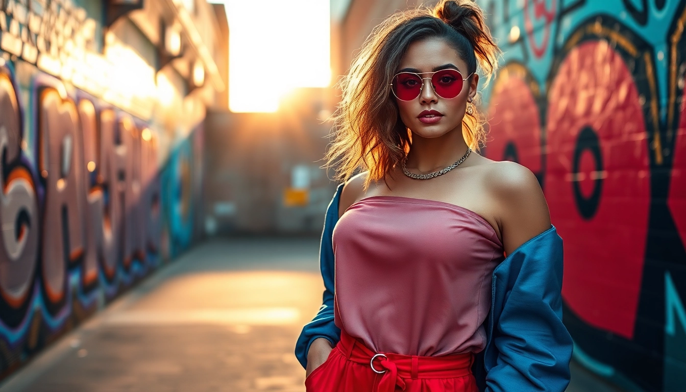 Fashion model showcasing trendy streetwear against a colorful urban backdrop.